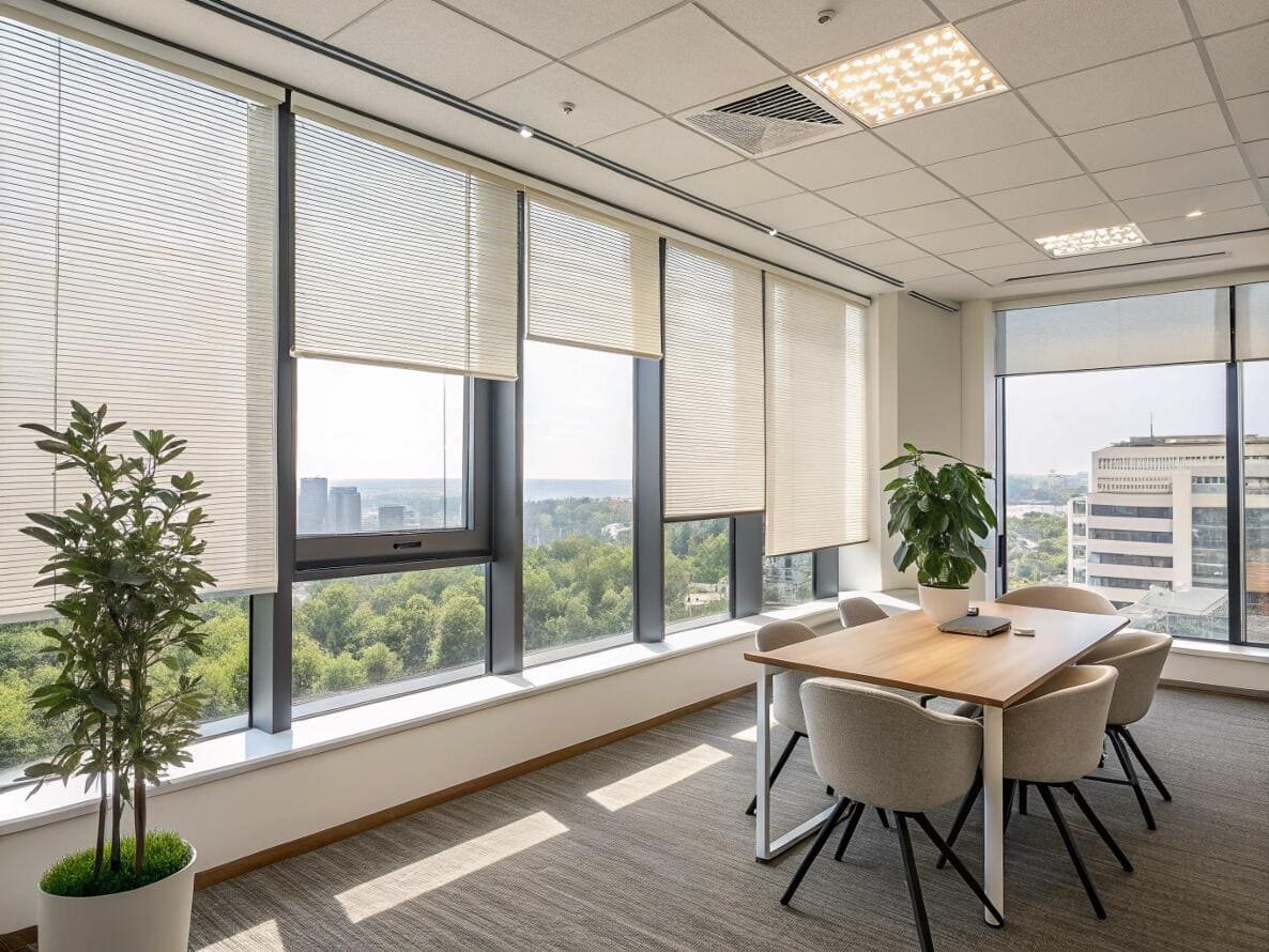 Light-filtering venetian blinds provide a clean, uniform solution for modern office spaces.