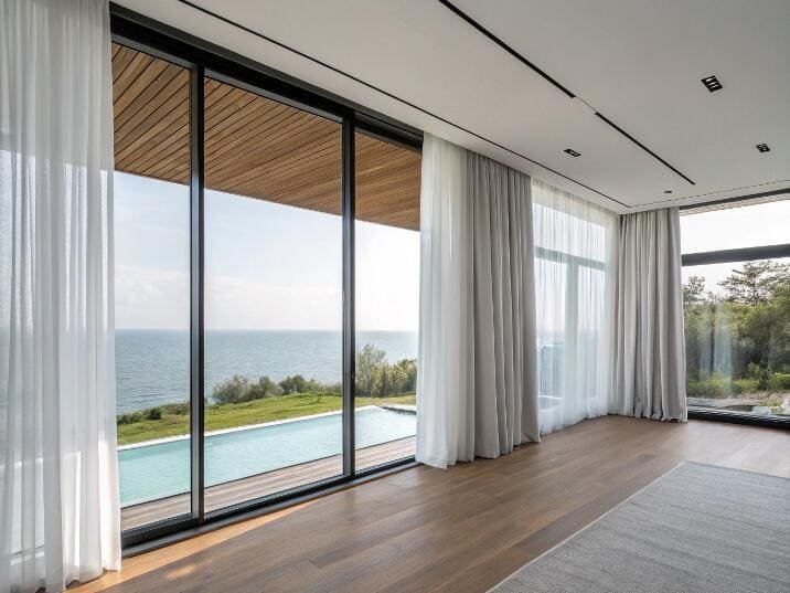 Dual-track sheer and grey drapes frame a stunning ocean and pool view beautifully.