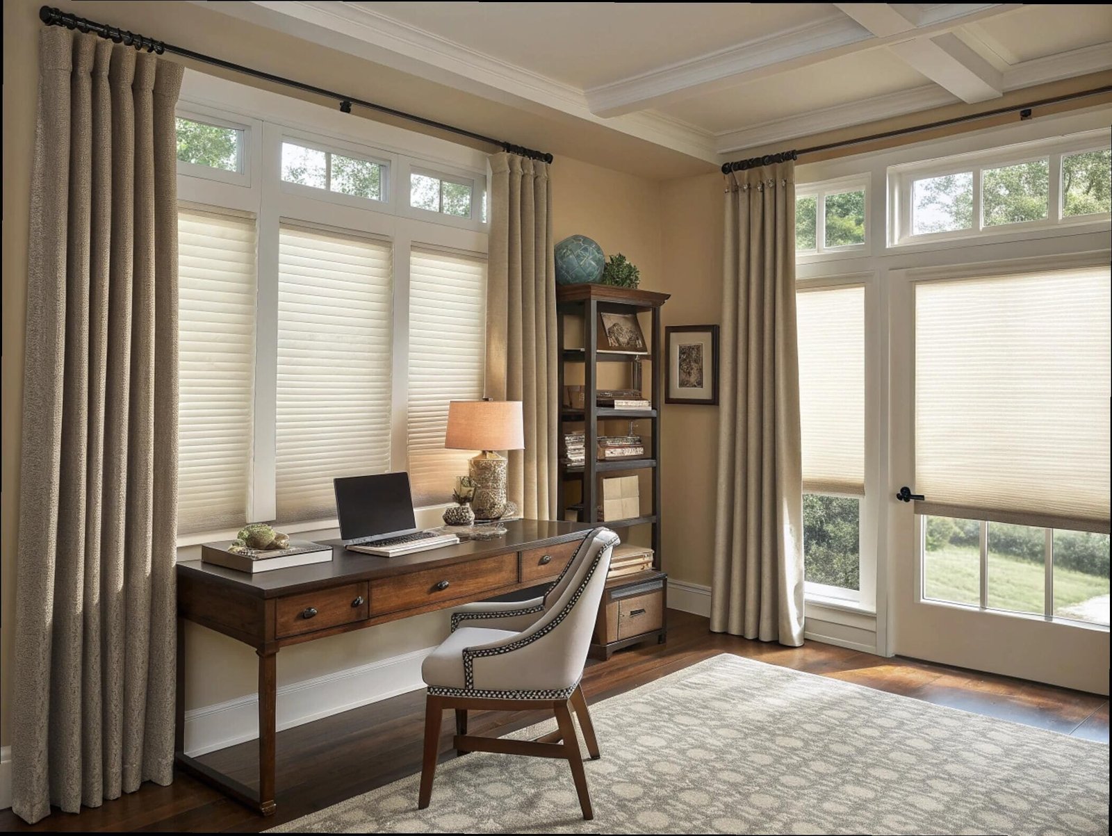 Layered honeycomb shades and drapes provide insulation and privacy in a classic home office.