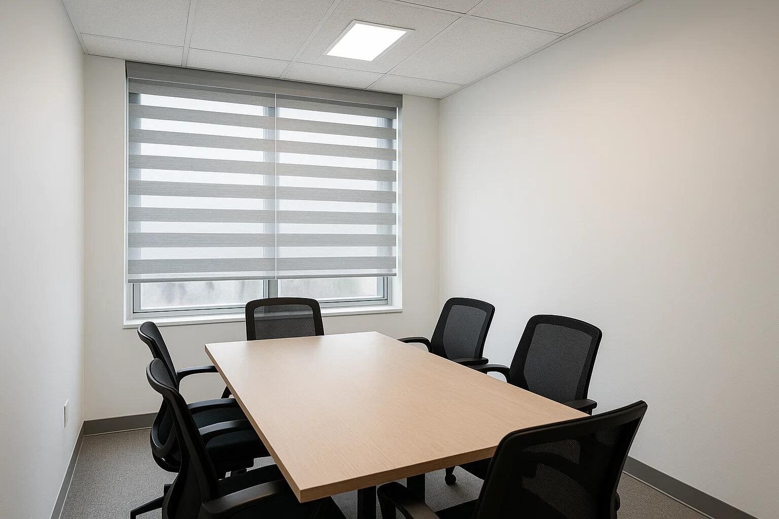 Light-filtering dual shades provide privacy and style for a clean, minimalist conference room.