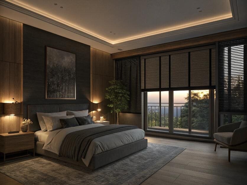 Dark woven Roman shades offer privacy and a sophisticated look for a modern bedroom.