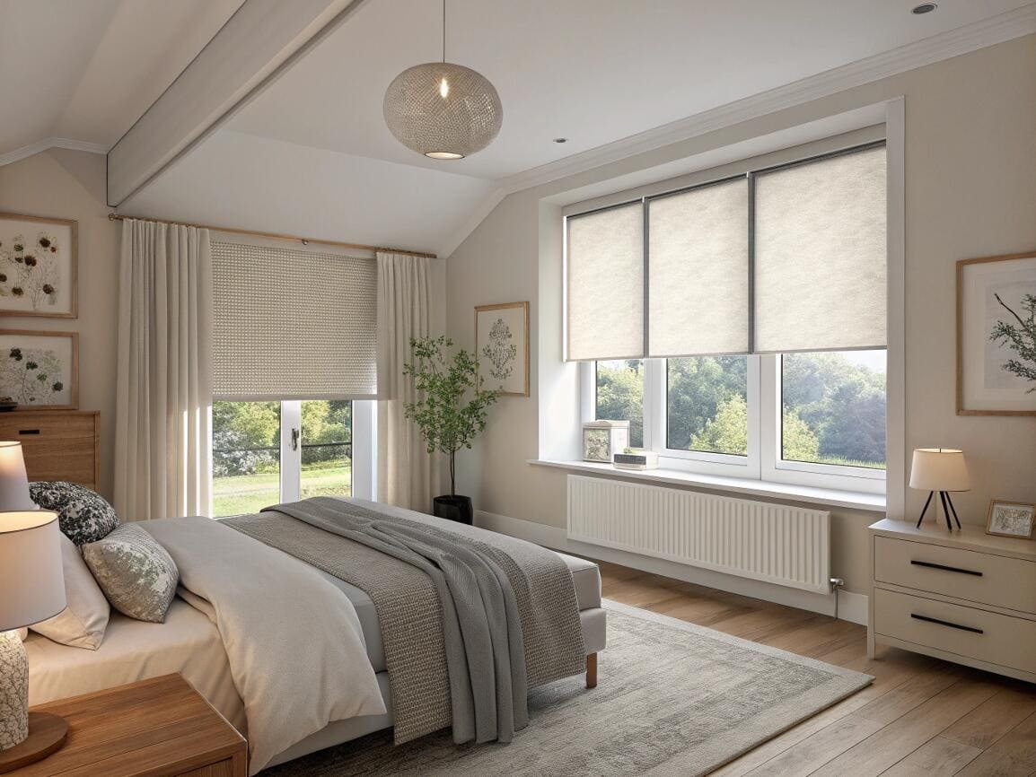 Light-filtering roller shades provide privacy and soft, natural light in a cozy bedroom.