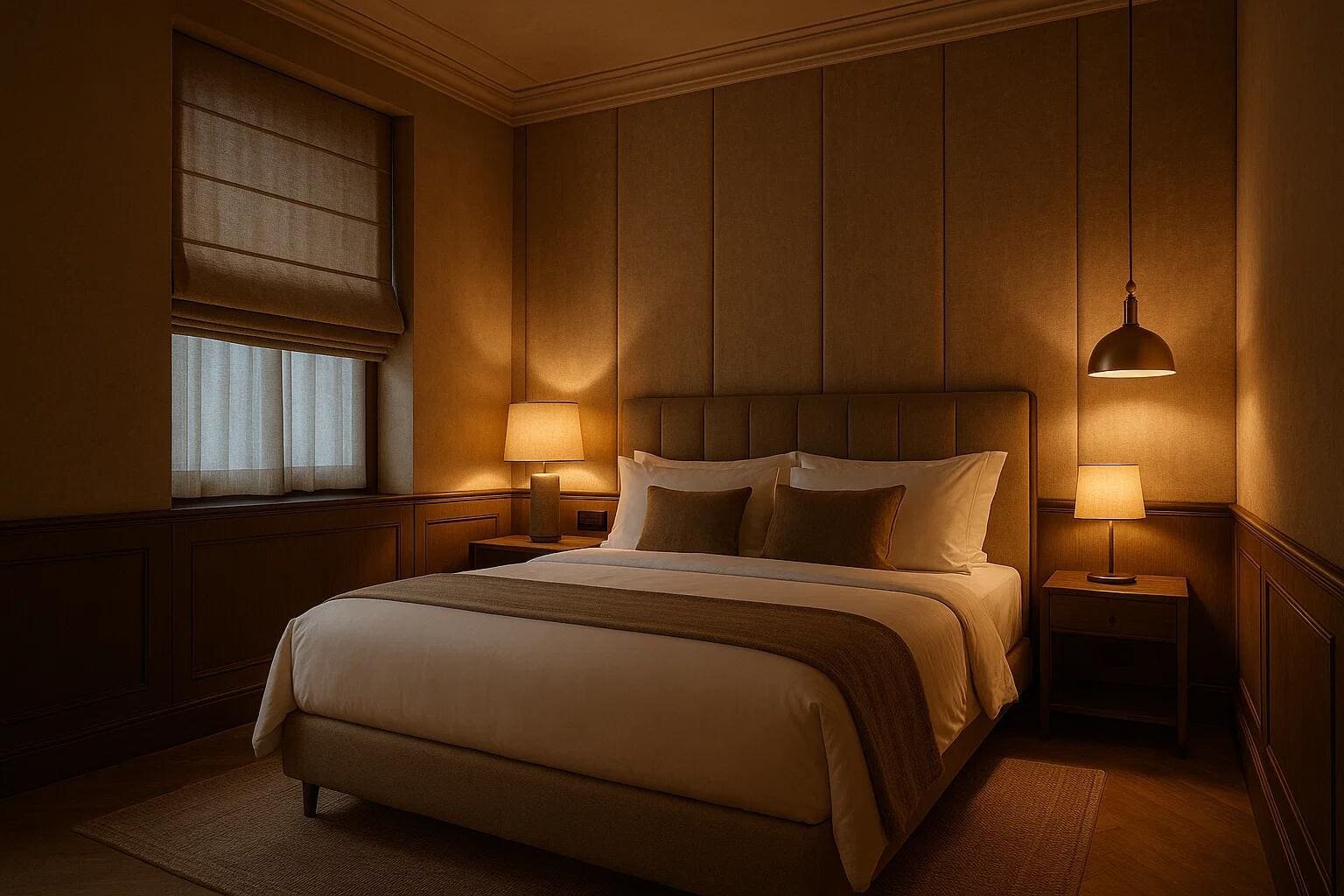 Blackout Roman shades with sheer underlayers provide versatile light control in a luxury bedroom.