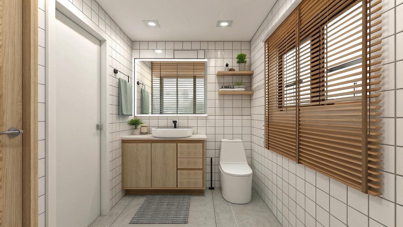 Classic wood venetian blinds provide warmth and simple privacy for a compact bathroom.