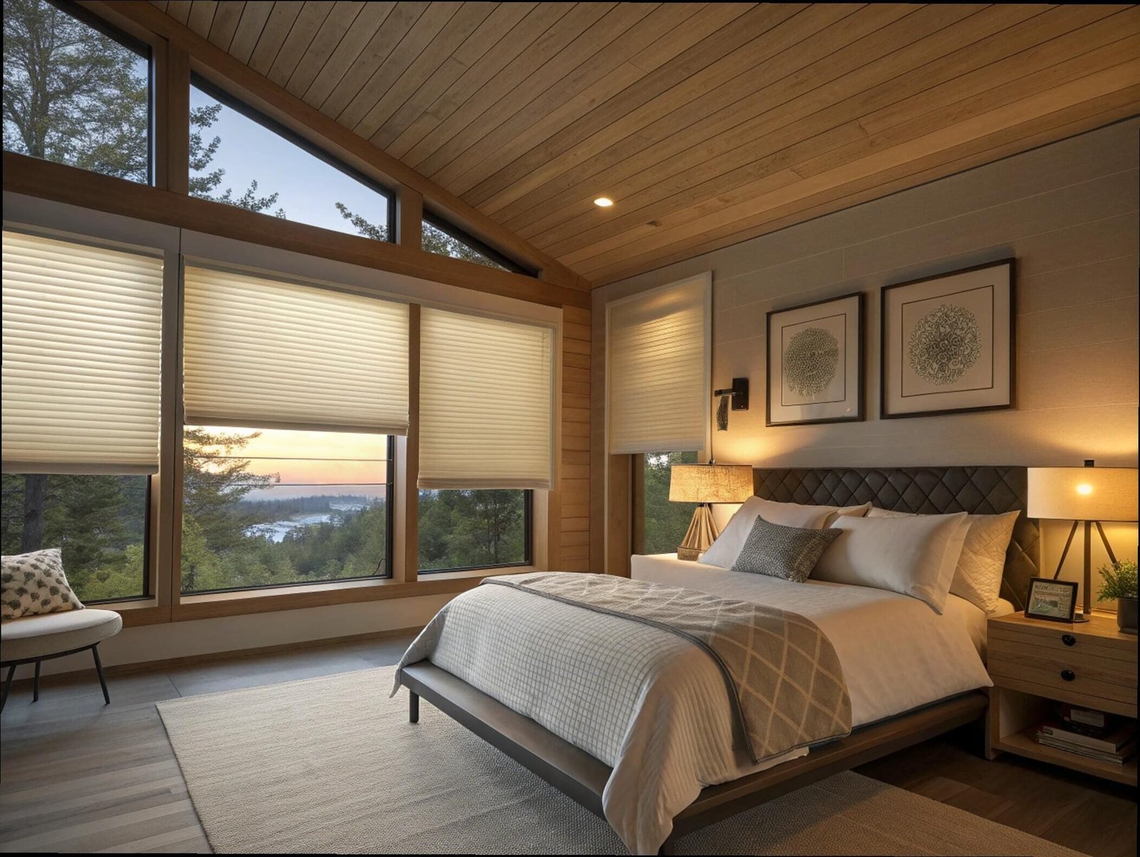 Insulating cellular shades manage light and provide privacy in a modern rustic bedroom.