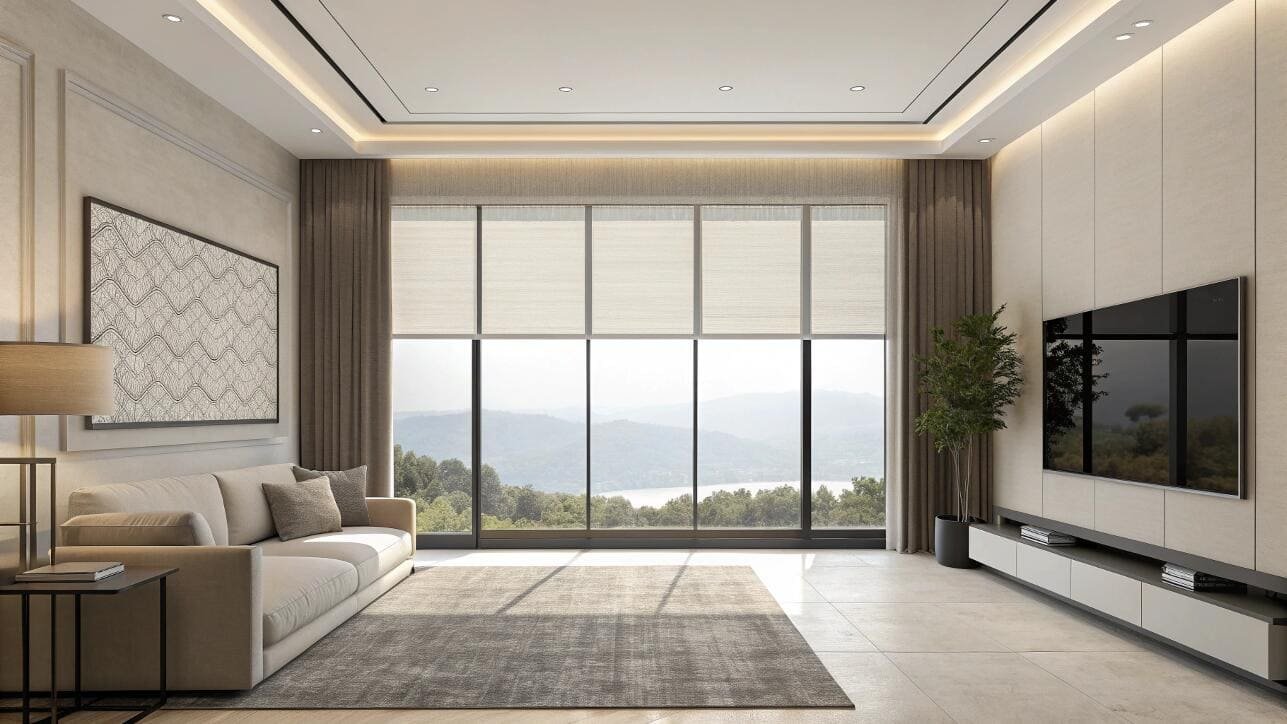 Light-filtering solar shades preserve scenic views in a modern luxury living room.