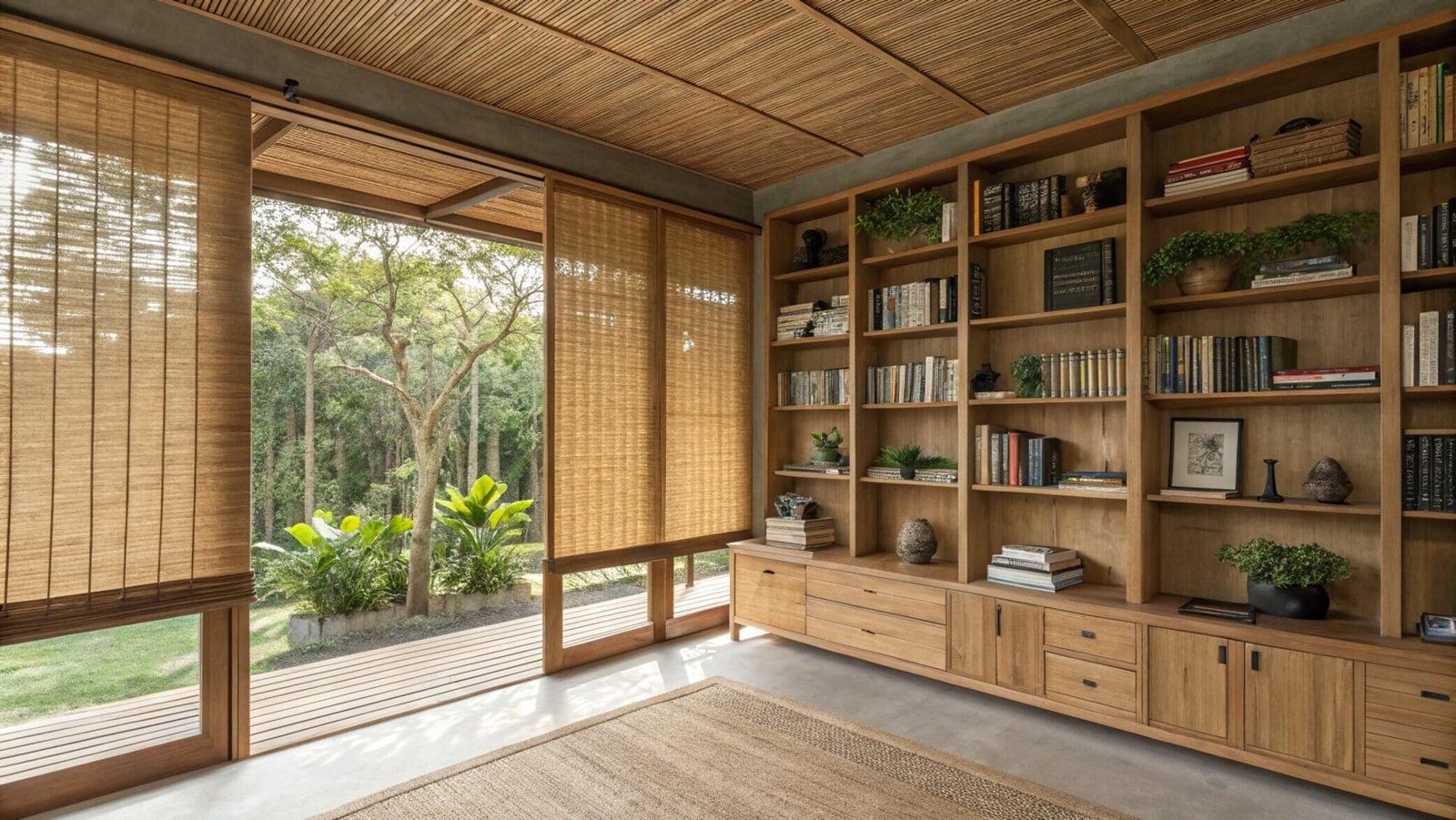 Woven wood roller shades connect a modern home library to the natural outdoor landscape.