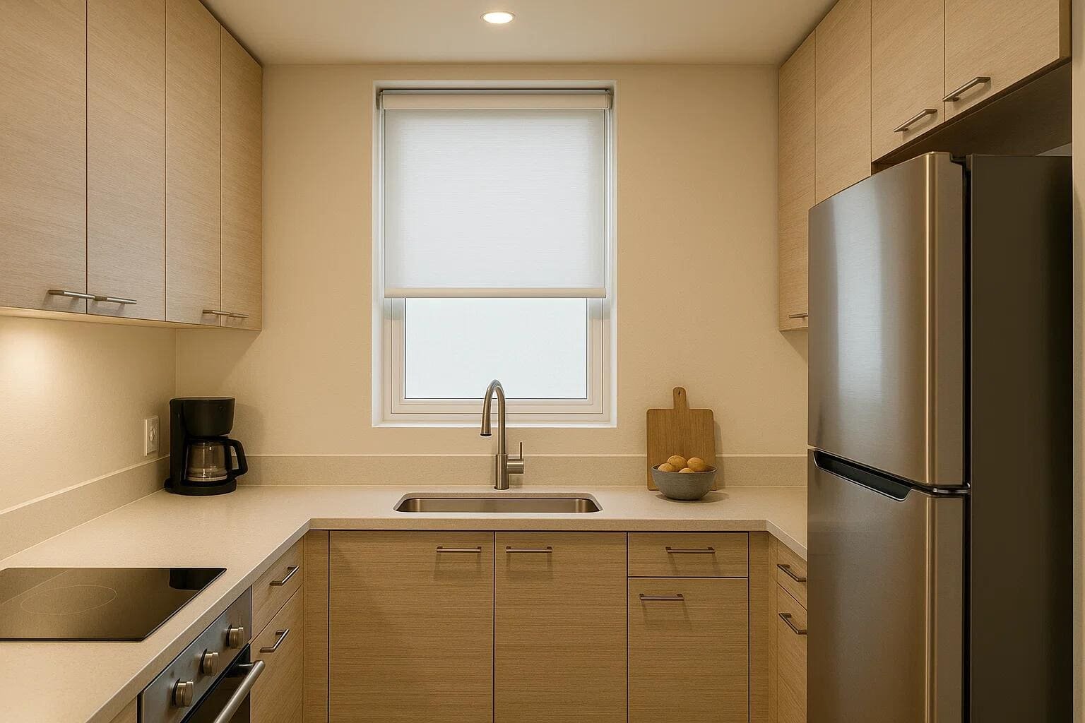 A simple light-filtering roller shade provides a clean look in a modern kitchen.
