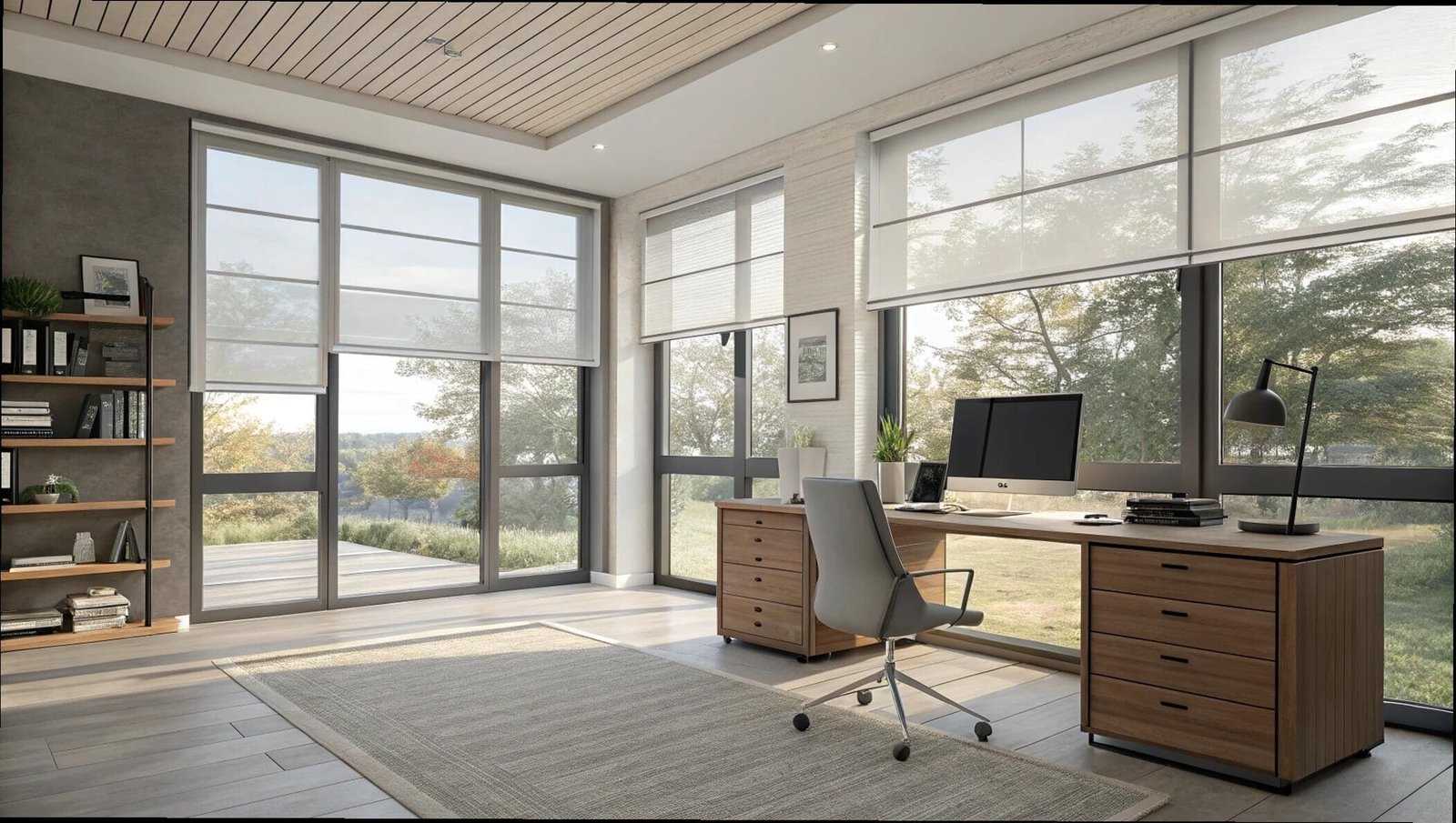 Light-filtering solar shades reduce glare in a home office with floor-to-ceiling windows.