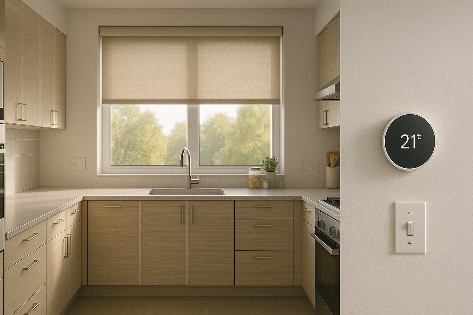 A light-filtering roller shade integrates seamlessly into a smart home kitchen environment.