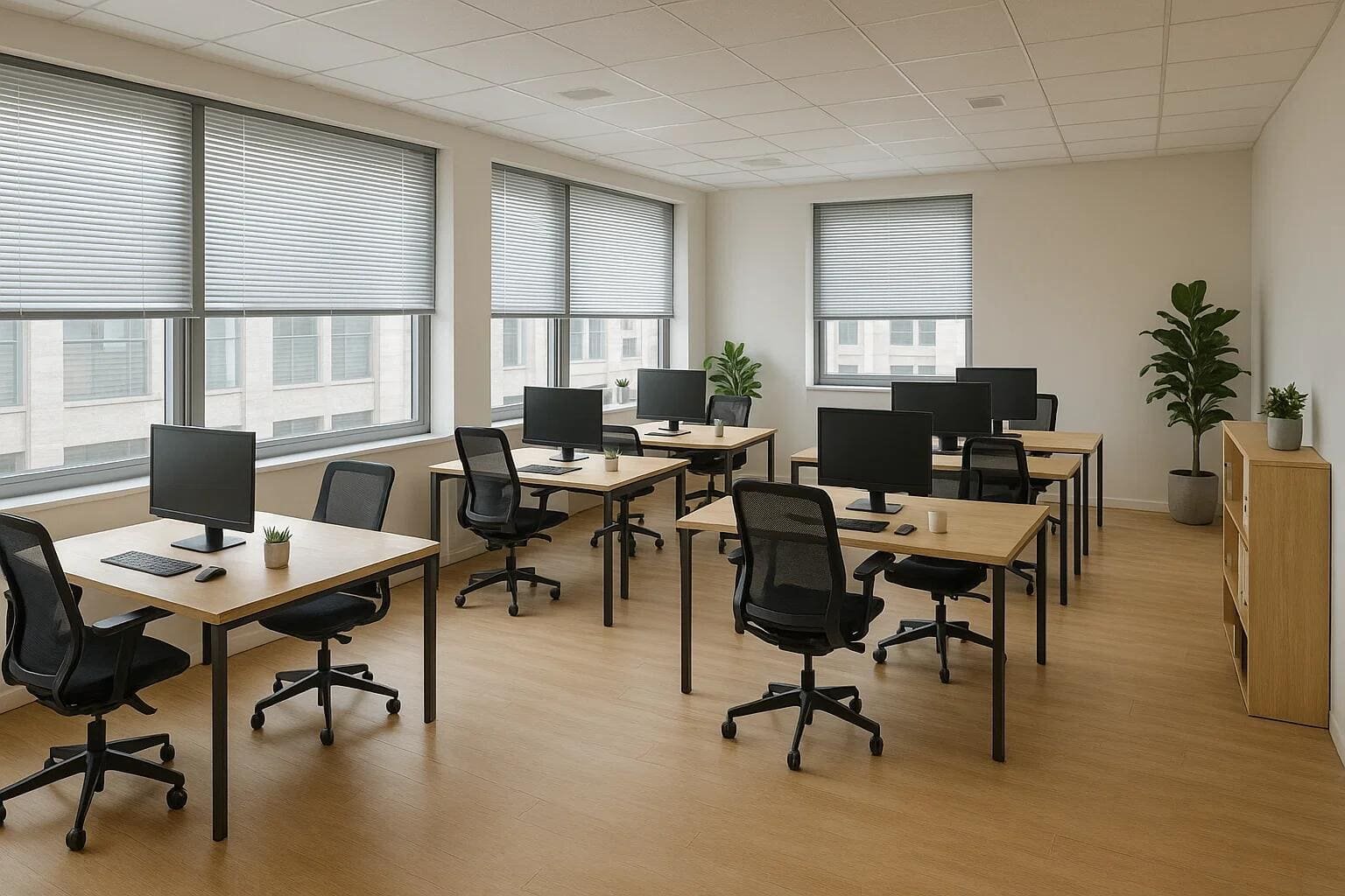 Silver venetian blinds provide adjustable light and glare control in a modern office.