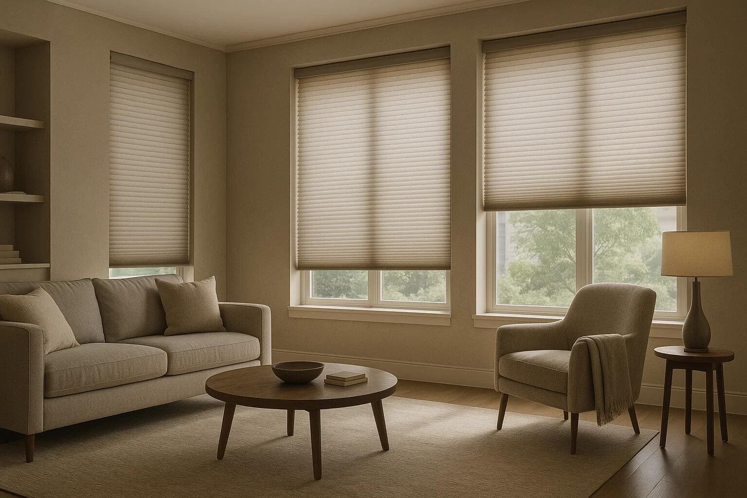 Energy-efficient cellular shades offer a clean, uniform look across multiple living room windows.