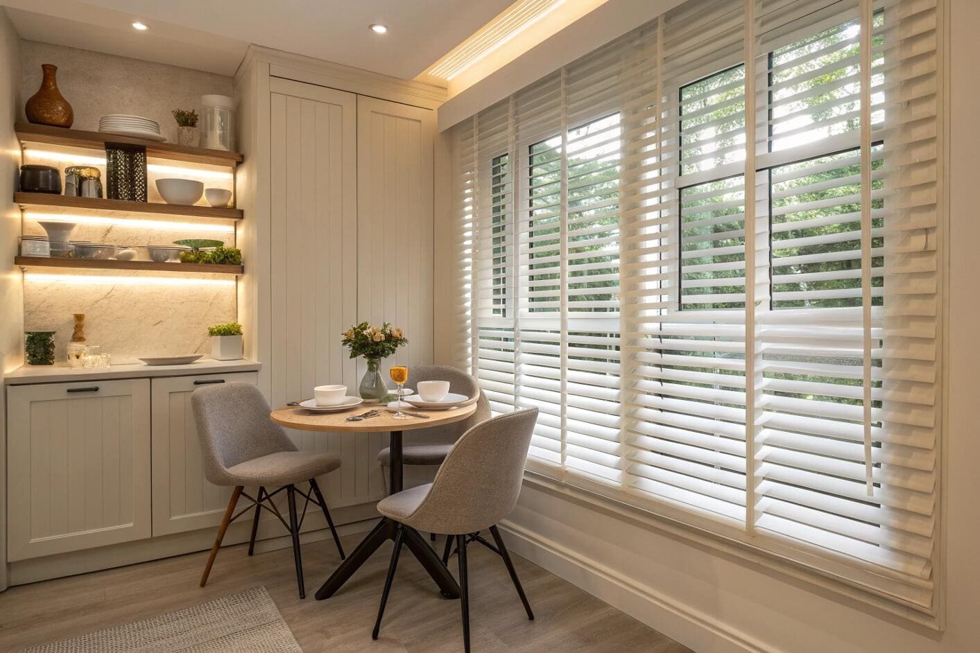 White venetian blinds with decorative tapes create a bright, chic dining nook.