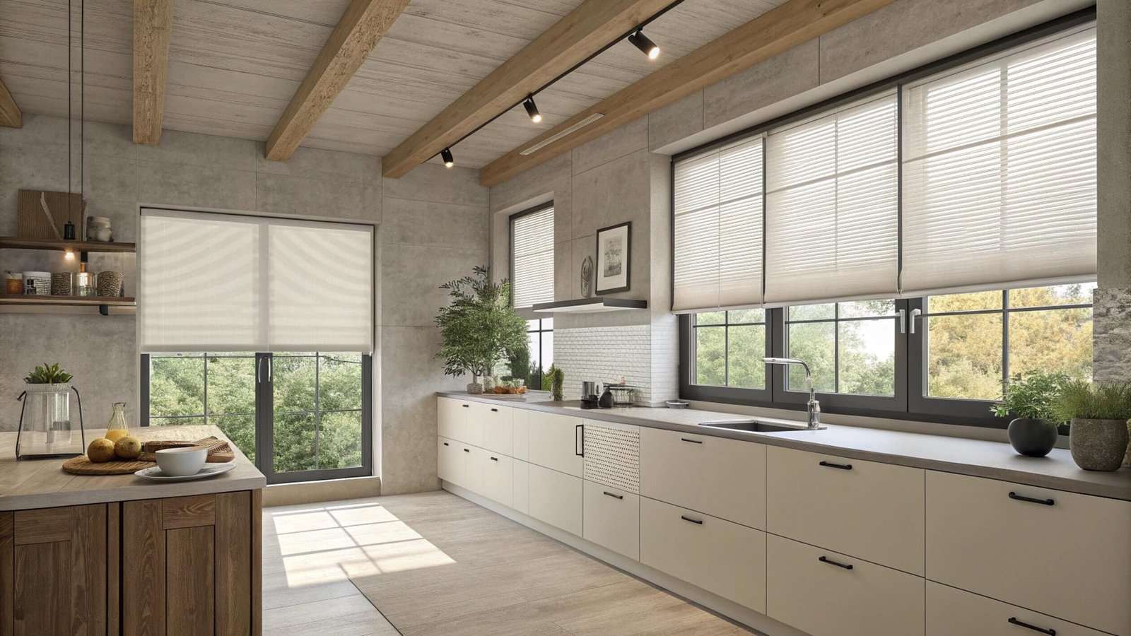 Cellular shades shown in a modern rustic kitchen with large windows and track lighting.