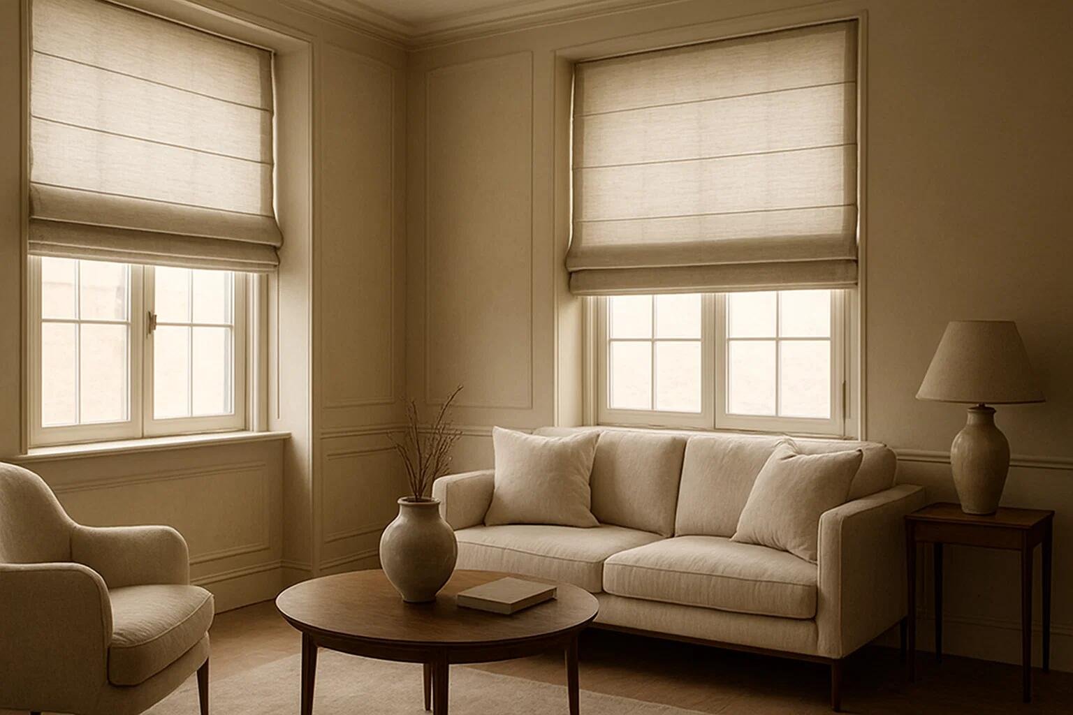 Linen-textured Roman shades add warmth and elegance to a classic living room with panelled walls.