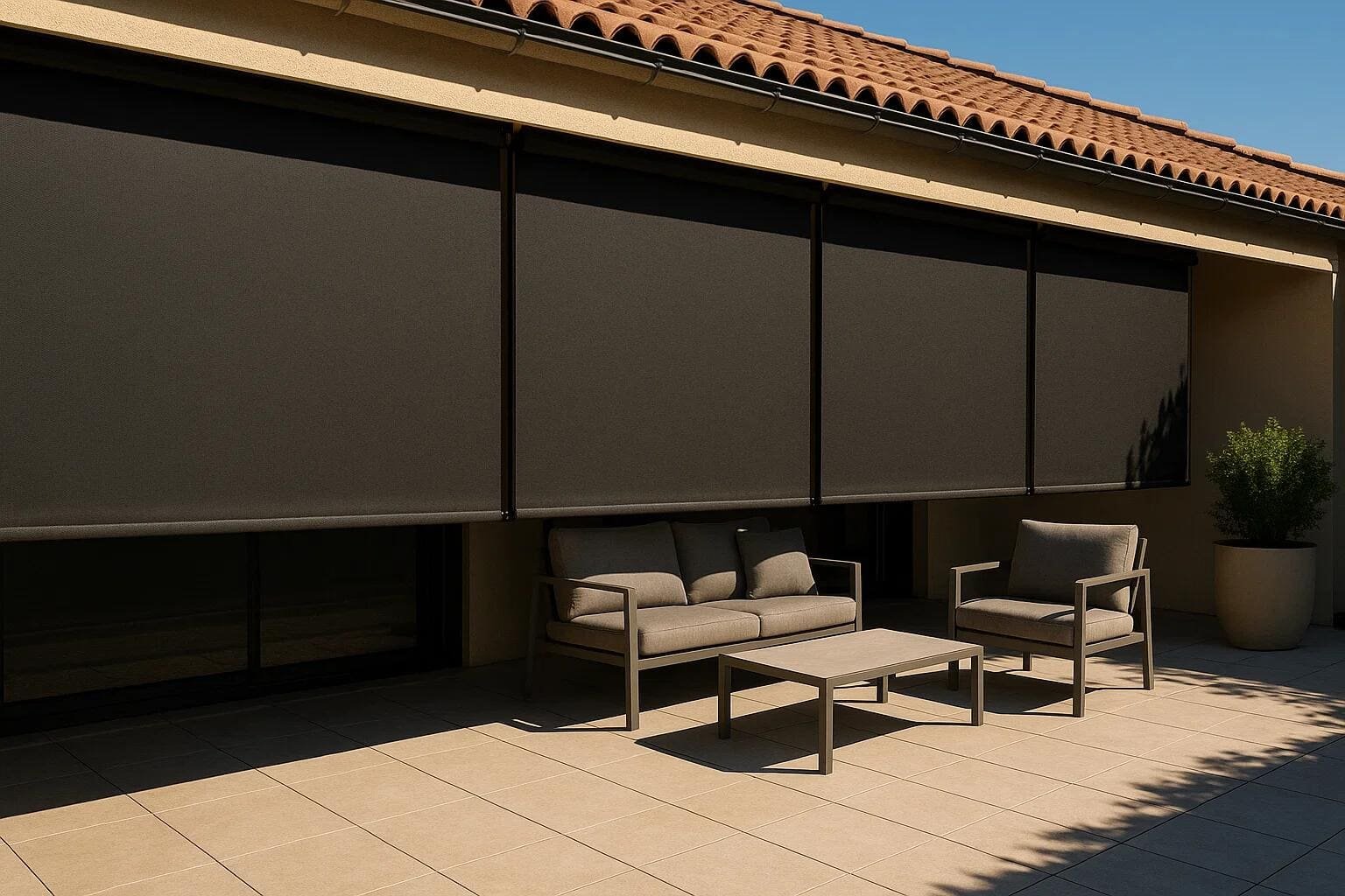 Heavy-duty exterior shades provide robust sun protection for a large residential patio area.