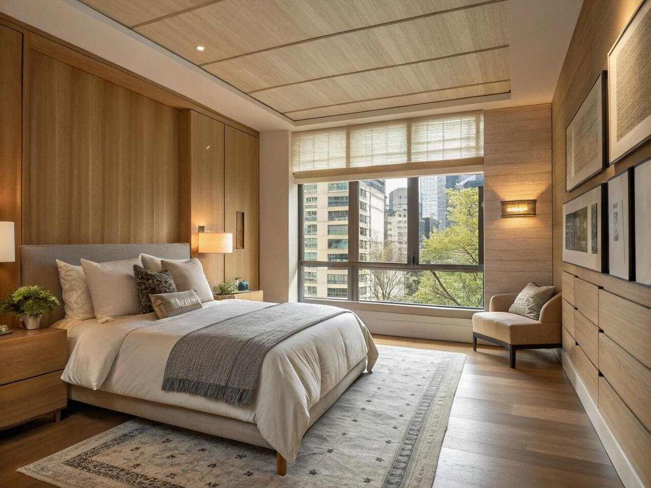 Woven wood shades add natural texture and warmth to a luxurious, wood-paneled bedroom.
