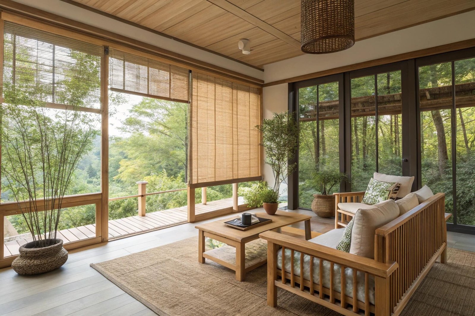 Light-filtering bamboo shades in a sunroom with wood furniture overlooking a forest view.