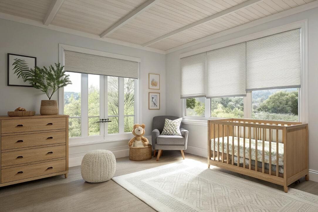Light gray blackout roller shades creating a calm, safe environment in a baby's nursery.