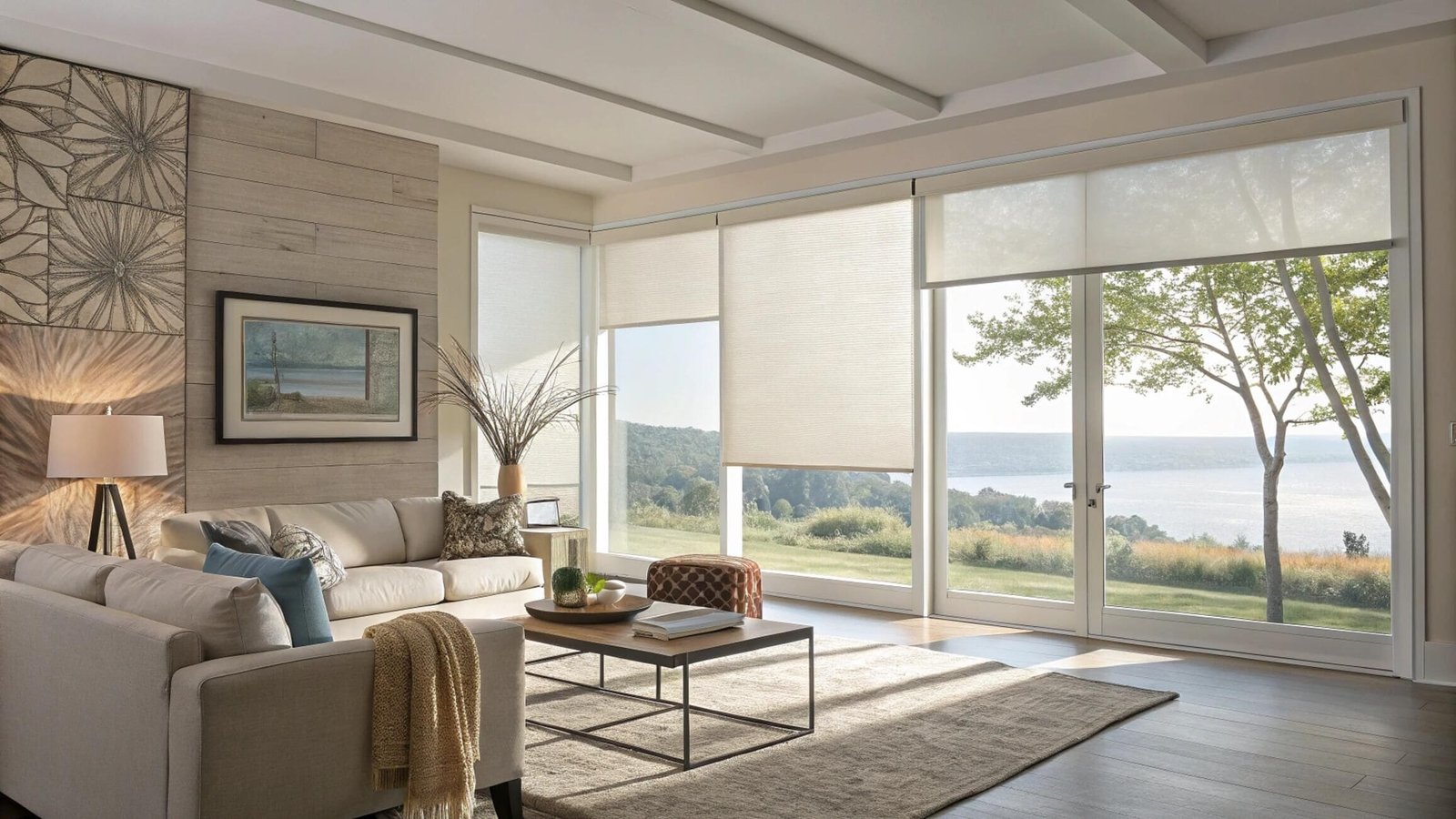Seamless light-filtering roller shades cover large windows and patio doors overlooking a lake.