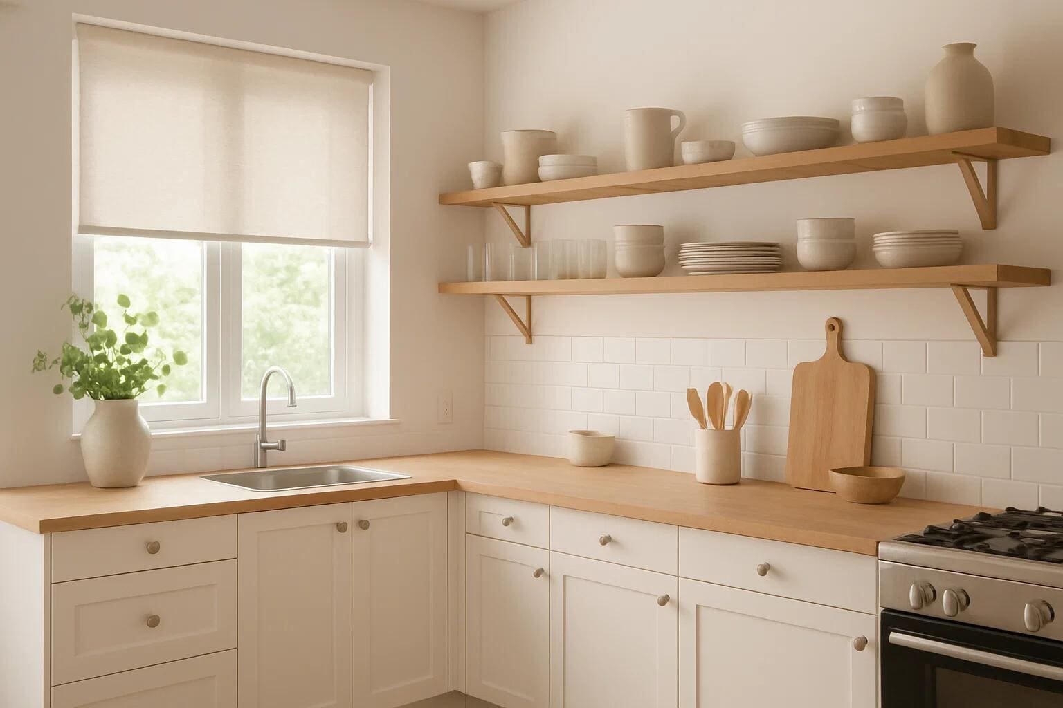 A cream-colored roller shade provides privacy and light control over a kitchen sink.
