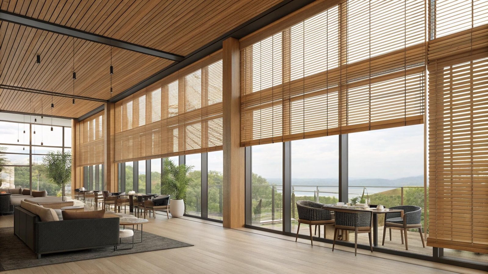 Motorized wood blinds cover expansive windows in a high-end restaurant or hotel lobby.