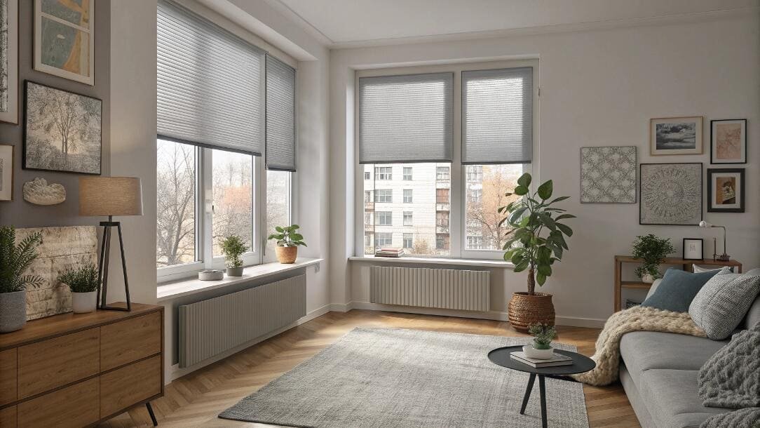 Light-filtering cellular shades insulate windows above a radiator in a stylish apartment.