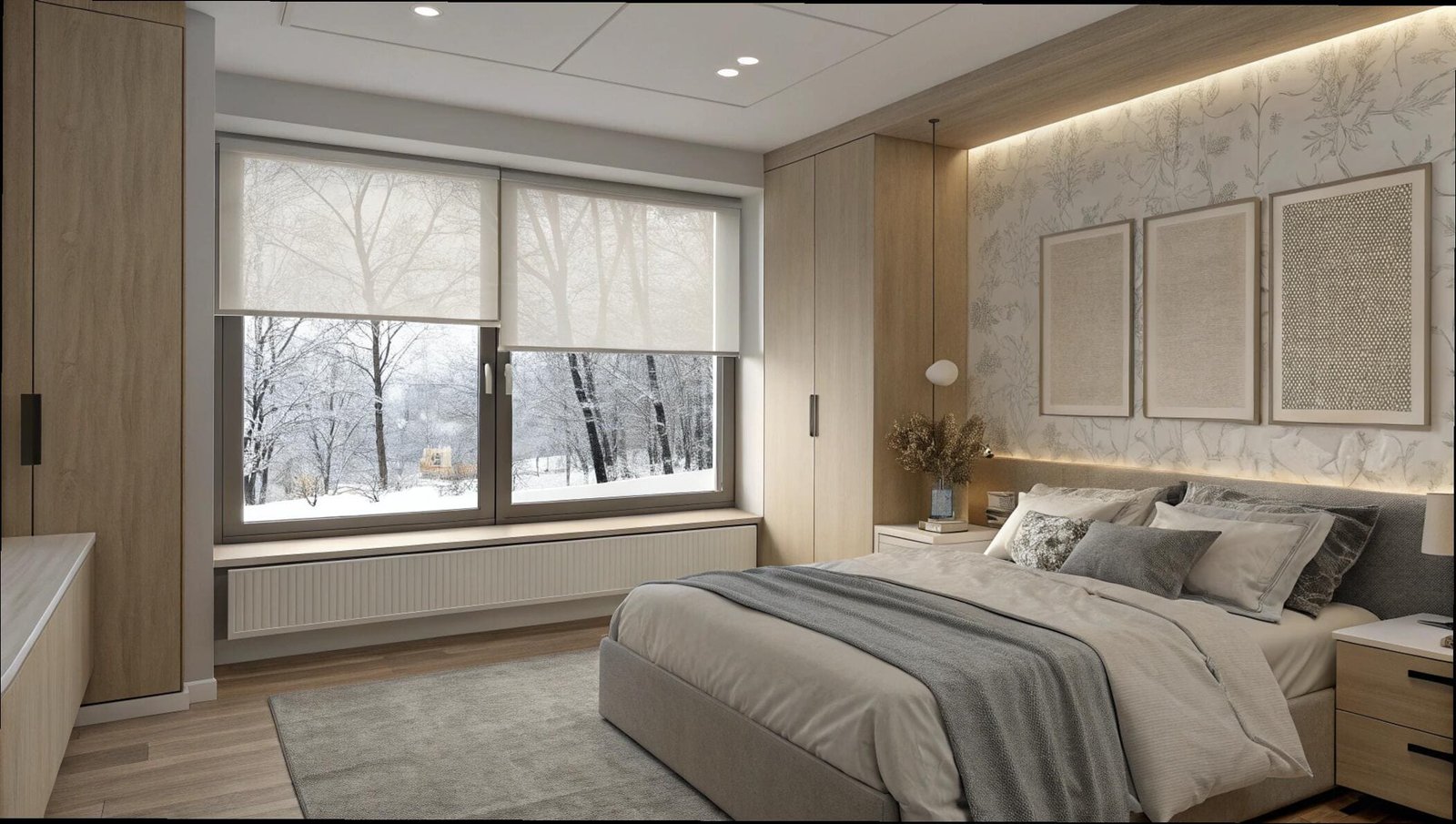 A sheer roller shade provides daytime privacy in a contemporary bedroom during winter.