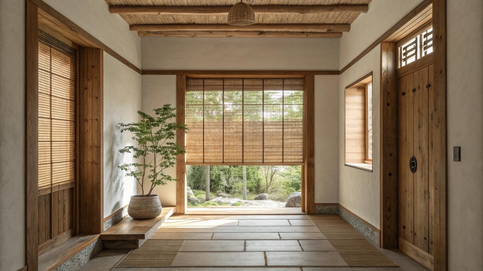 A natural bamboo roller shade in a minimalist Japanese-style entryway with wood accents.