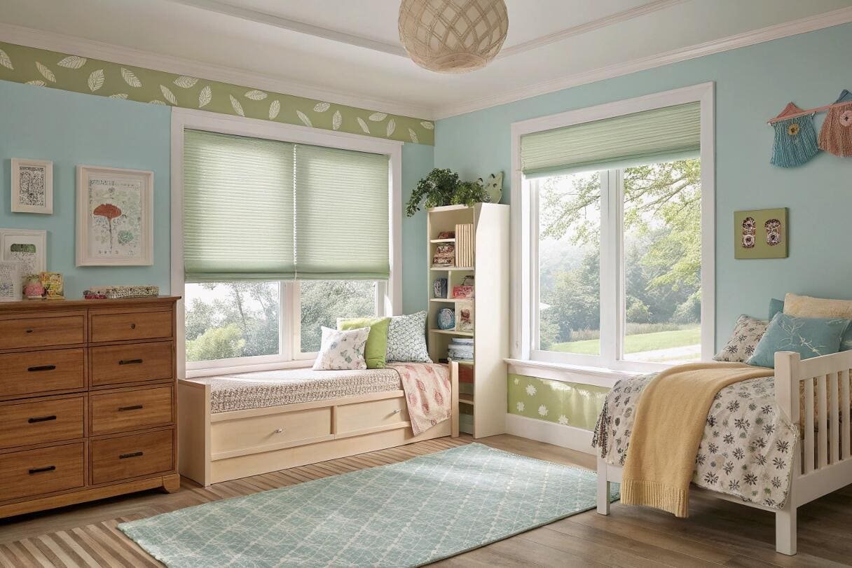 Light-filtering cellular shades in a soft color add charm to a child's bedroom.
