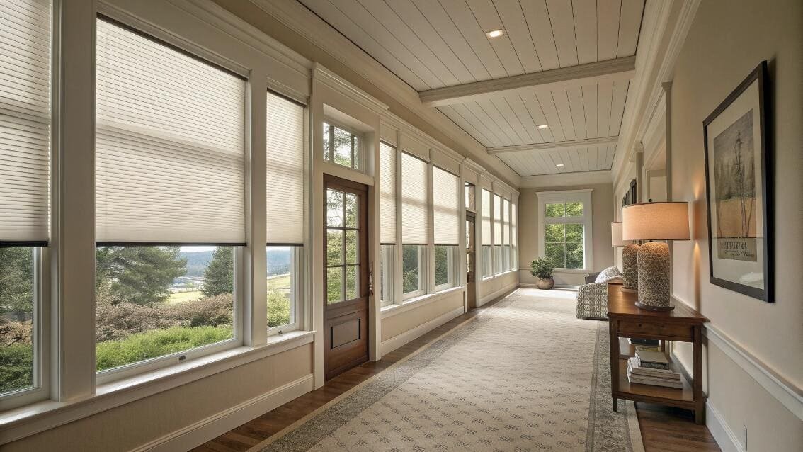 Insulating cellular shades layered with custom drapery in an elegant, classic home.