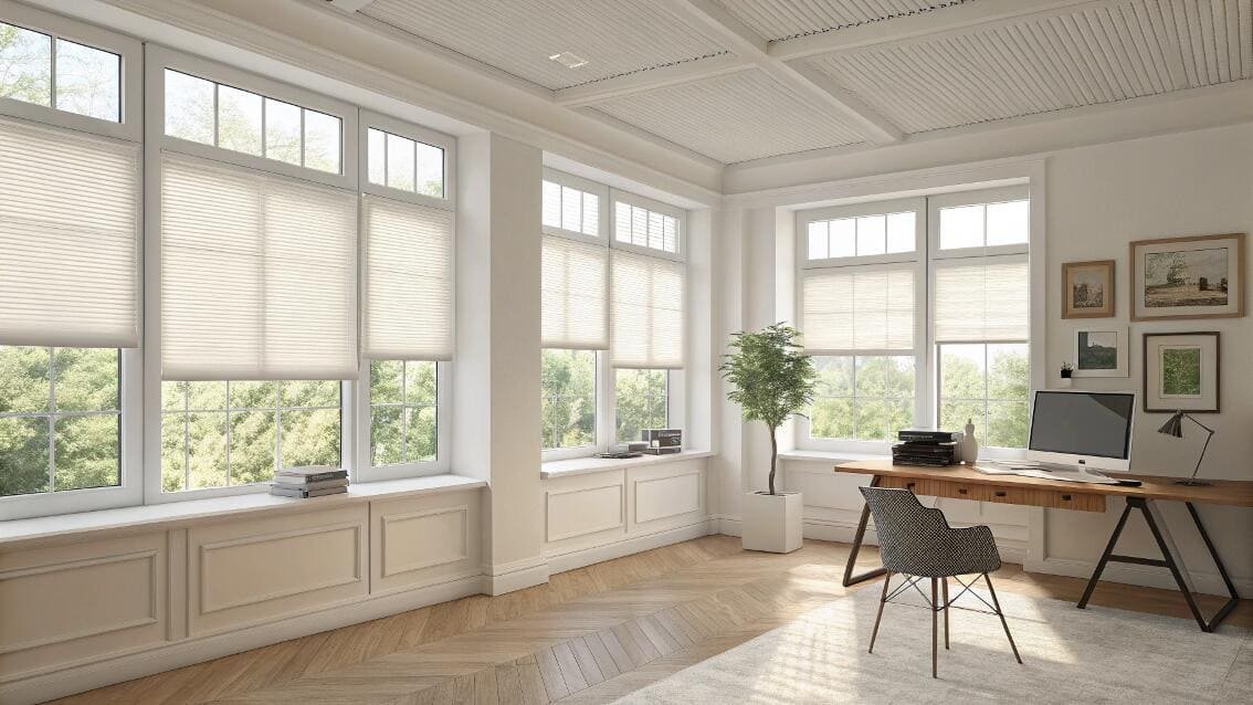 Top-down honeycomb shades providing light and privacy in a classic home office.
