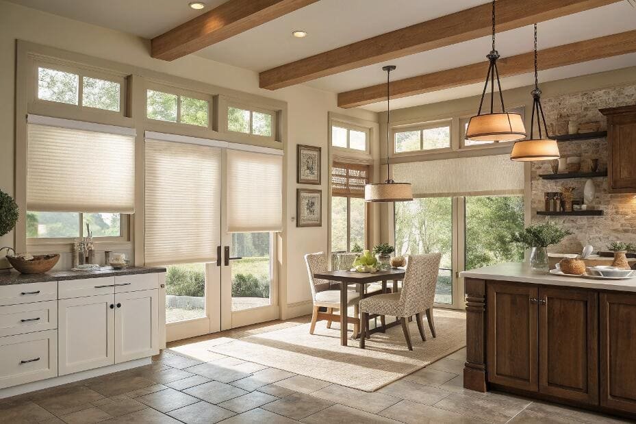 Top-down cellular shades offer versatile light control on large windows and French doors.