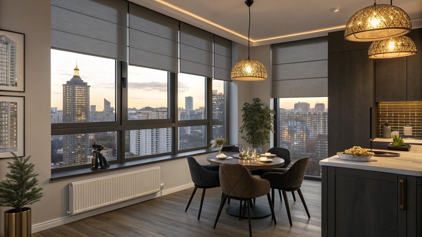 Dark grey Roman shades in a contemporary apartment kitchen overlooking a city at dusk.
