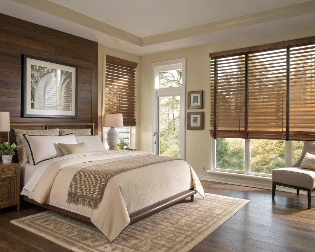 Dark wood Venetian blinds in a classic bedroom with a warm wood accent wall.