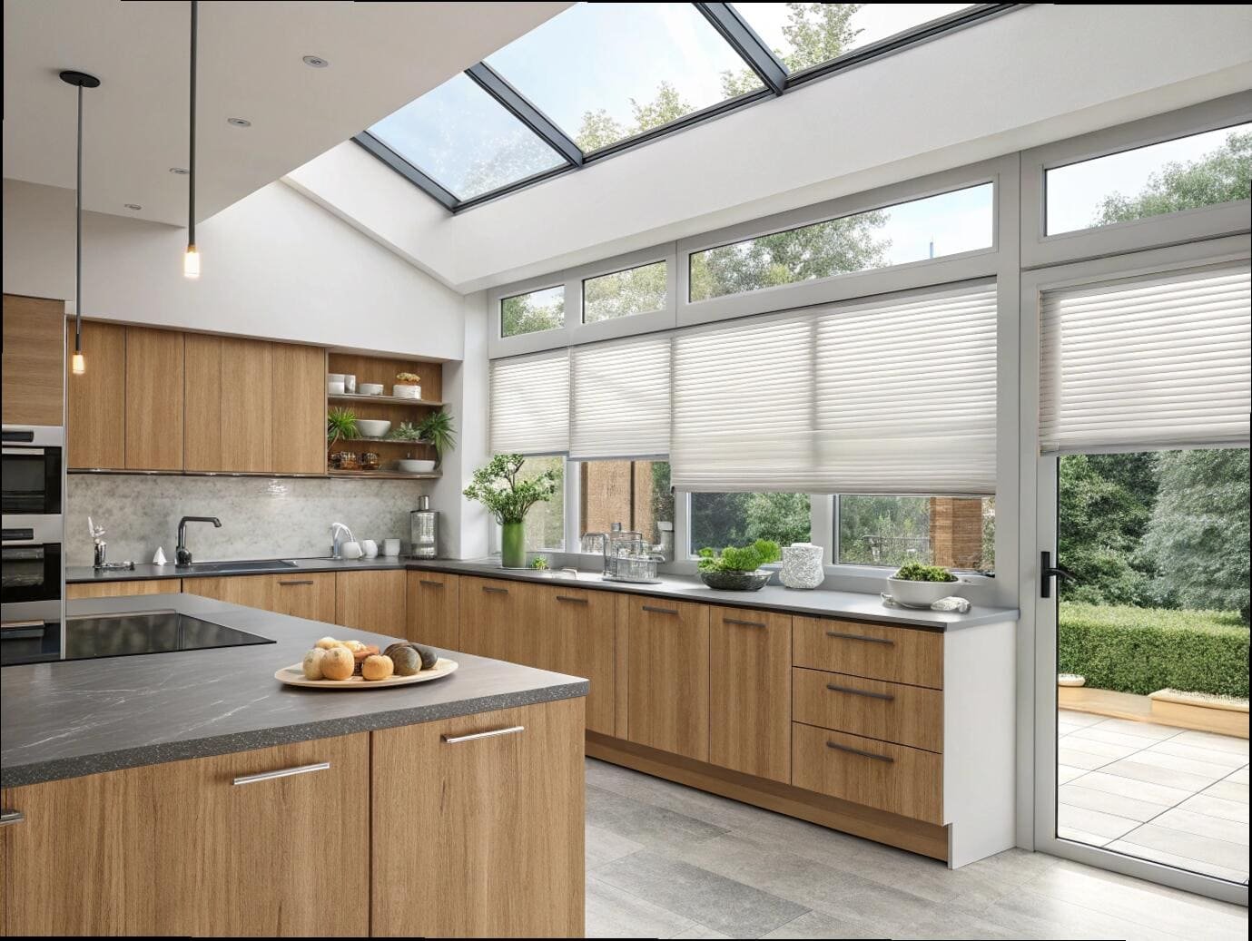 White cellular shades on kitchen windows and a large skylight in a sunroom.