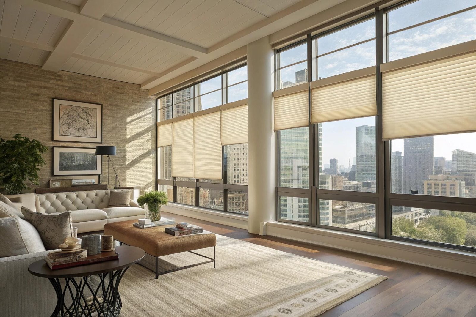 Top-down cellular shades in an urban high-rise apartment for light and privacy.