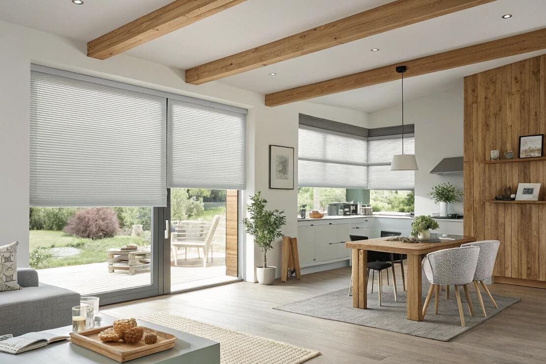 Light gray cellular shades offer sleek thermal insulation for large sliding glass doors.