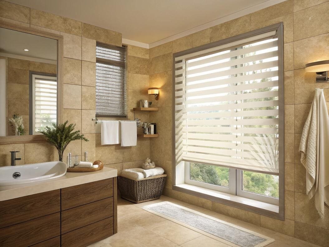 Dual layer shades offer modern style and adjustable privacy for a bathroom window.