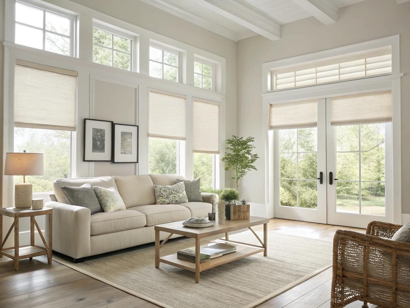 Light-filtering roller shades offer a clean, uniform look for multiple living room windows.