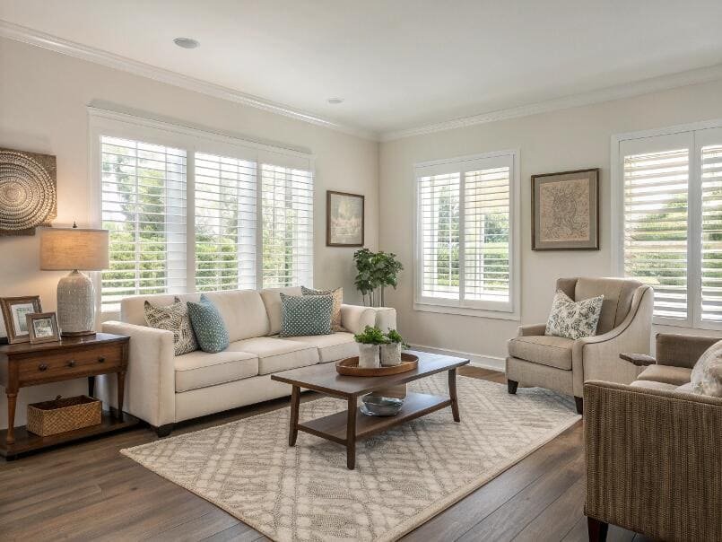 Classic white plantation shutters offer uniform light control for a traditional living room.