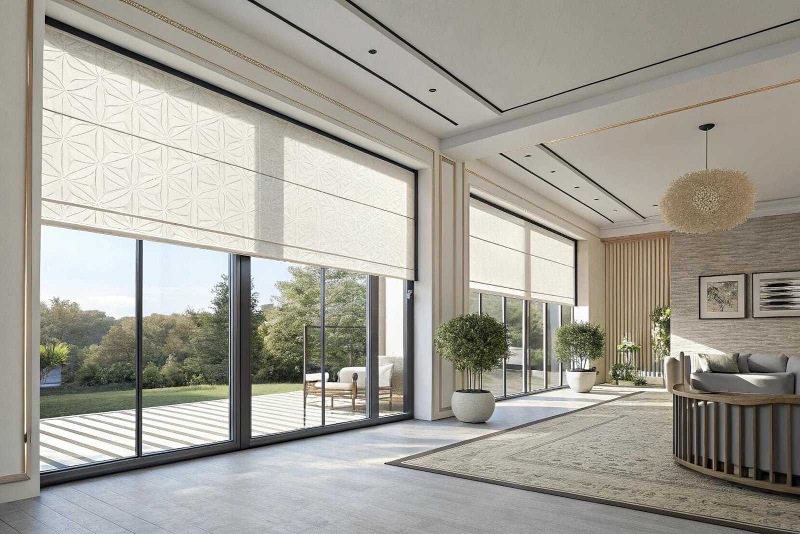 Custom patterned Roman shades add a touch of luxury to a grand, modern great room.