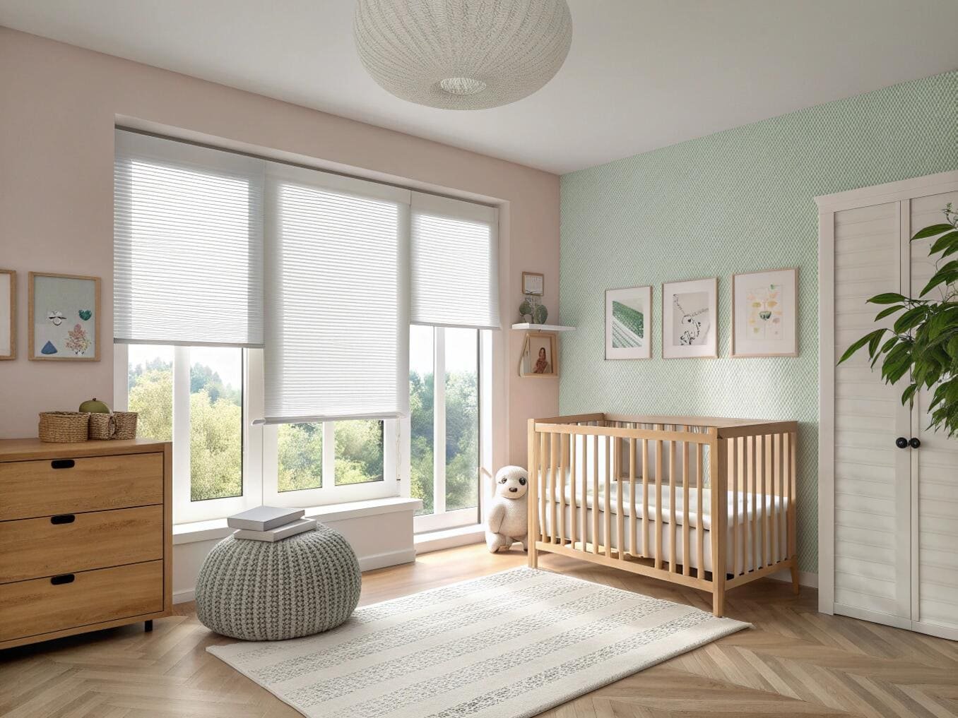 Light-filtering cordless cellular shades provide a bright and safe environment for a modern nursery.