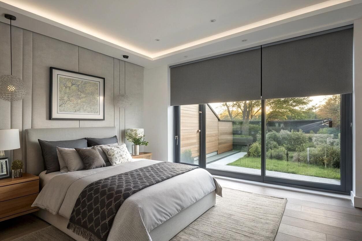 Motorized blackout blinds offer effortless light and privacy control for a modern bedroom.