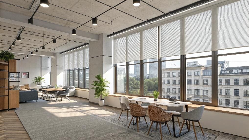 Energy-efficient cellular shades manage light and thermal comfort in open-plan office environments.