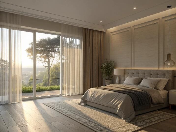 Sheer curtains soften morning light in a classic bedroom with blackout drapes for privacy.