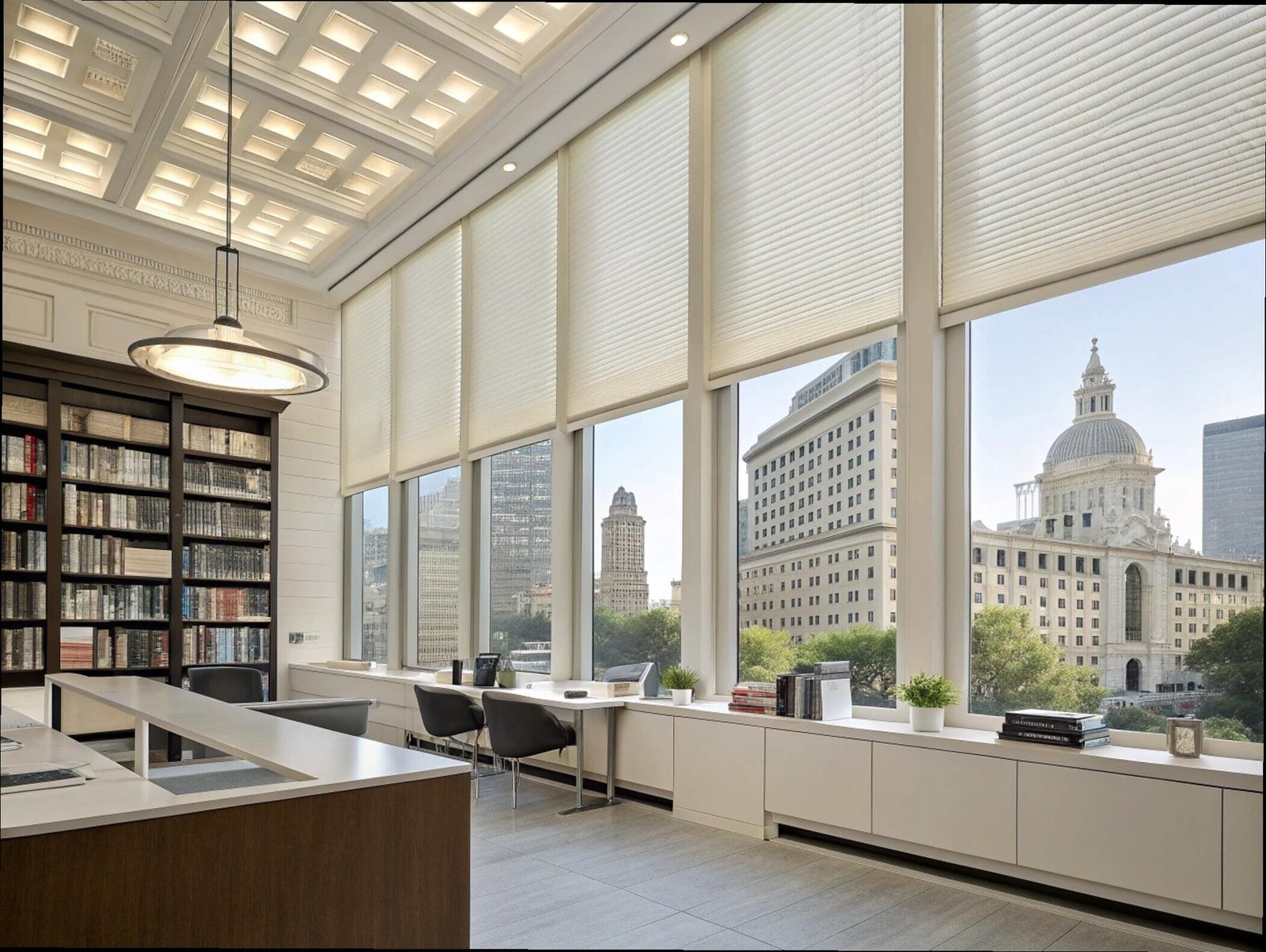 Commercial cellular blinds improve thermal performance for a large library with city views.