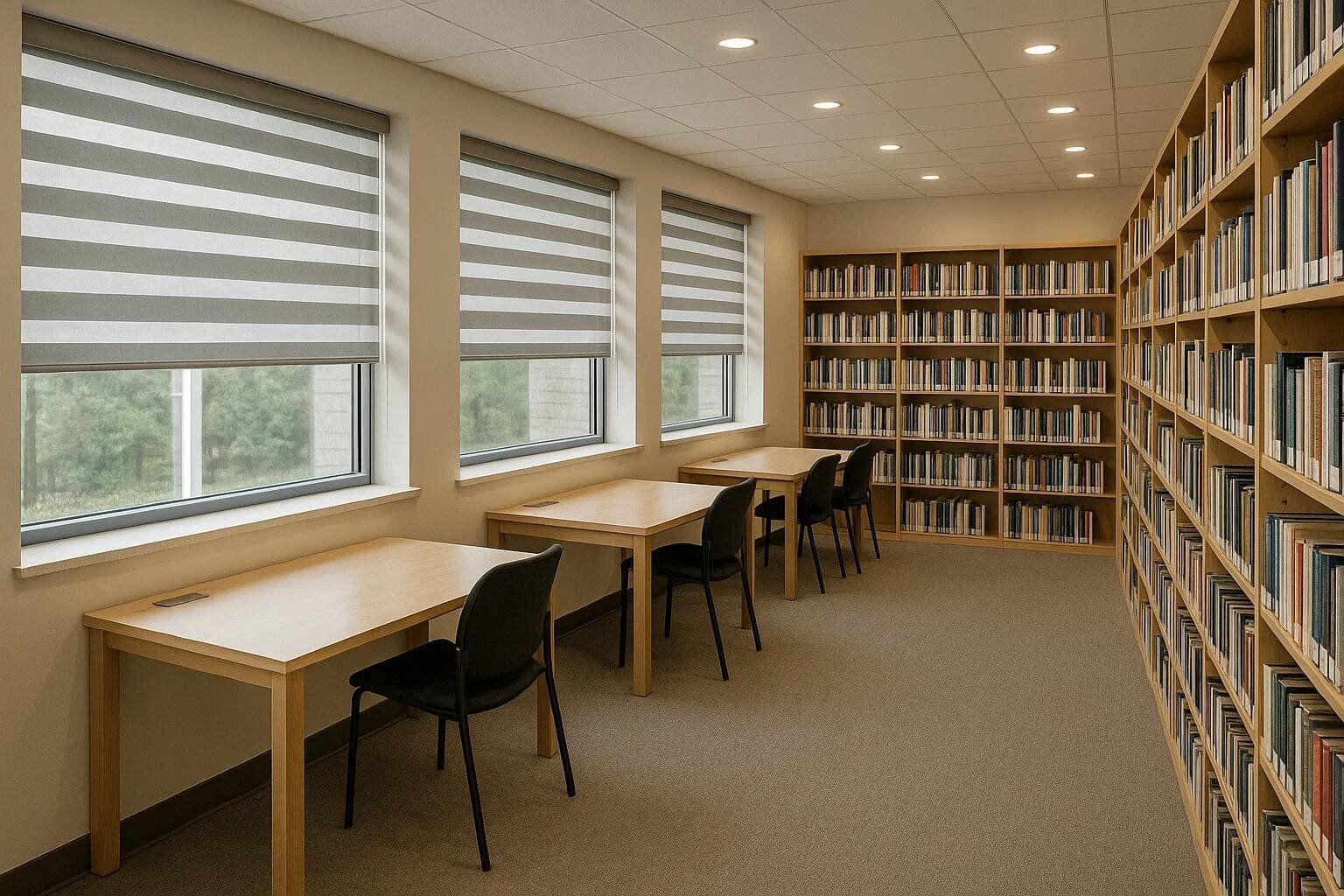 Dual roller shades reduce glare and maintain a bright atmosphere in a modern library.