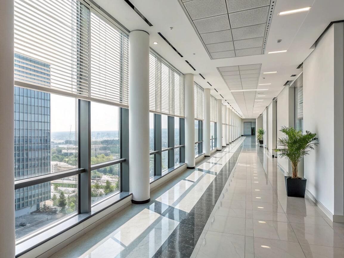 Commercial venetian blinds provide functional light control for a long office building corridor.