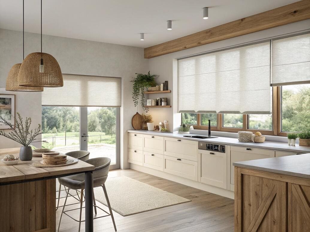 Soft fabric Roman shades add a touch of elegance to a rustic modern kitchen.